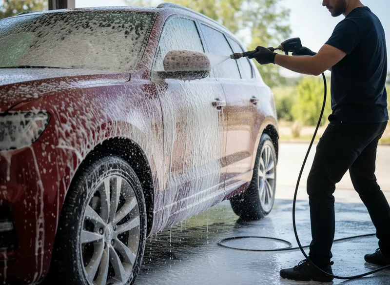 Detailer foam-washing a dark red SUV with a pressure lance in a driveway