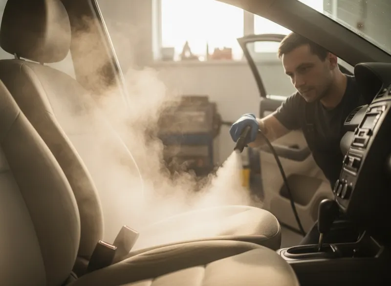 Detailer steam-cleaning a car interior in warm light