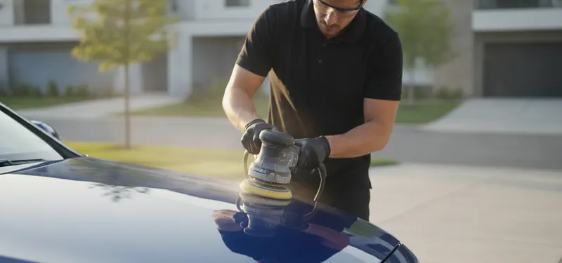 Detailer polishing a deep blue hood with a dual-action orbital buffer