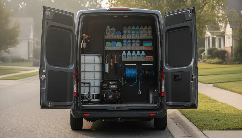 Mobile detailing van with rear doors open showing tanks, hoses and supplies on a residential street