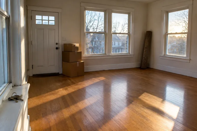 Empty sunlit apartment at the end of a lease with taped boxes by the door and a set of keys on the windowsill
