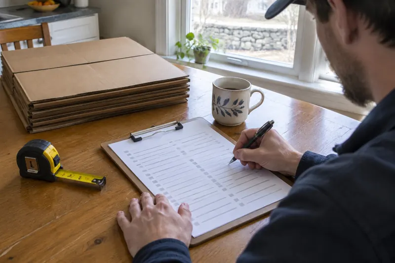 Estimator filling in a blank form on a clipboard at a kitchen table beside a tape measure and flat cardboard boxes