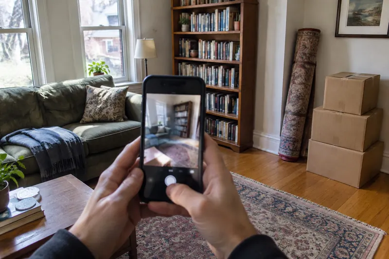 Hands holding a phone to photograph a living room with a sofa, bookcase, rolled rug and stacked boxes for a moving quote