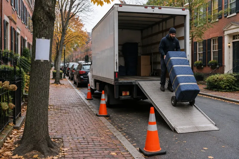 Moving truck with its ramp down on a brick-sidewalk city street, orange cones holding the space and a blank paper sheet taped to a tree
