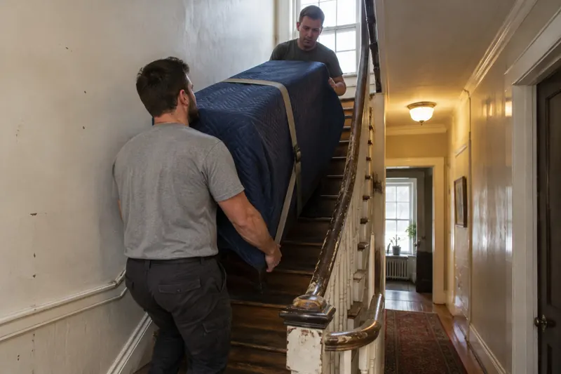 Two movers carrying a blanket-wrapped dresser down a narrow staircase with a tight turn in an old triple-decker
