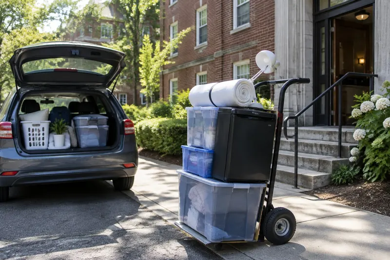 Hand truck stacked with storage bins, a mini fridge and a lamp outside a red-brick dorm, car trunk open behind it