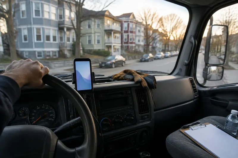 Inside a box truck cab: a hand on the wheel, a phone glowing in the dash mount and a clipboard on the seat, triple-deckers through the windshield