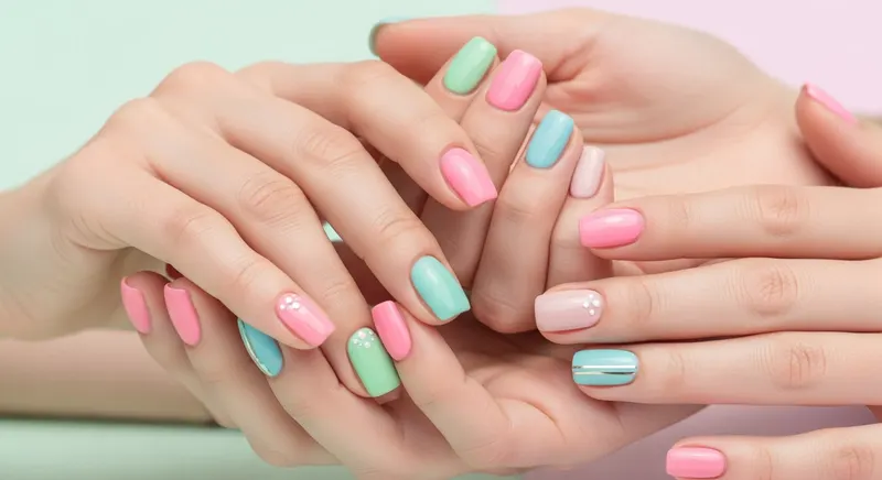 Two pairs of hands with pastel pink, mint and blue manicures with tiny dot and stripe accents
