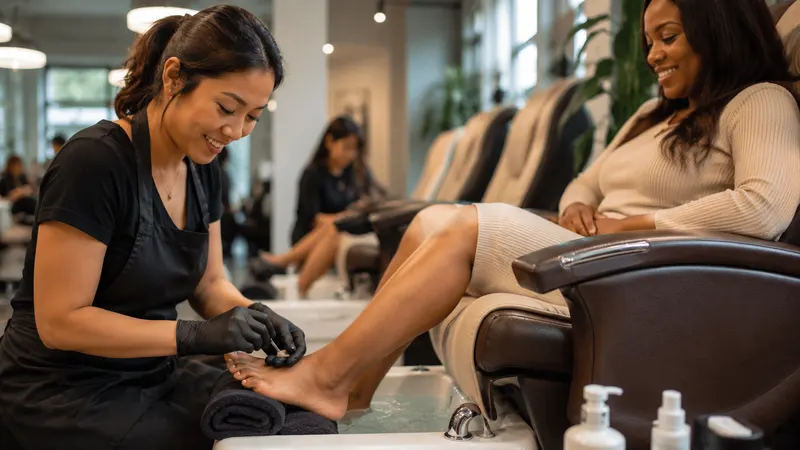 Technician in black gloves caring for a client's foot at a pedicure chair with a soak basin