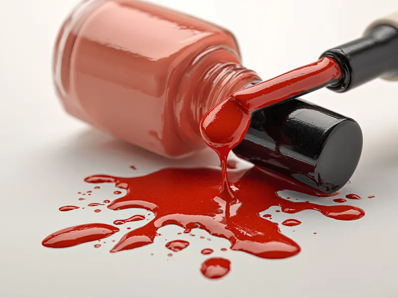 Bottle of coral nail polish tipped over with glossy red polish spilling on a white surface