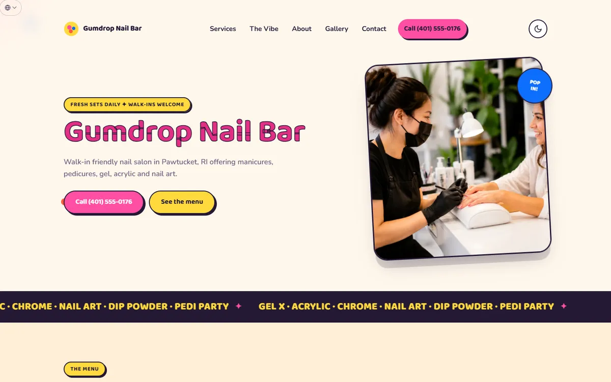 Desktop view of the Gumdrop Nail Bar sample website, with a pink and yellow header, a nail technician photo and a call button