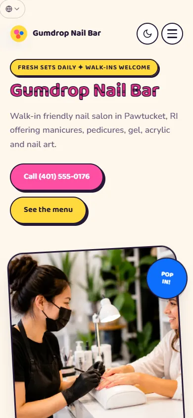 Mobile view of the Gumdrop Nail Bar sample website