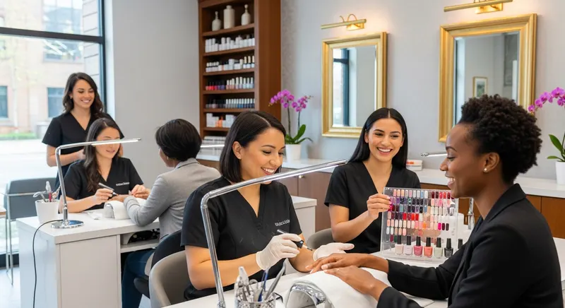 Row of nail technician stations with lamps, mirrors and a polish swatch rack in a bright salon