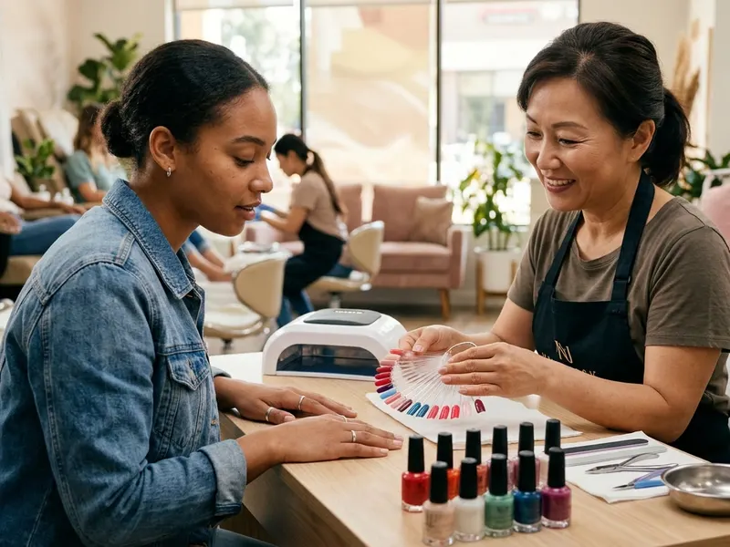 Nail technician showing a client a polish swatch fan beside a UV lamp and bottles of polish