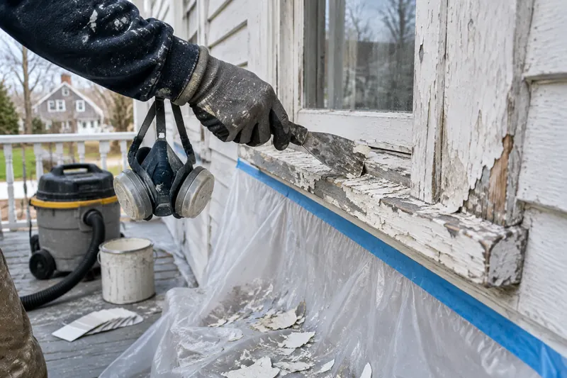 A gloved hand scraping flaking old paint from a wooden window casing on an older clapboard house, with a respirator, plastic sheeting and a shop vacuum below