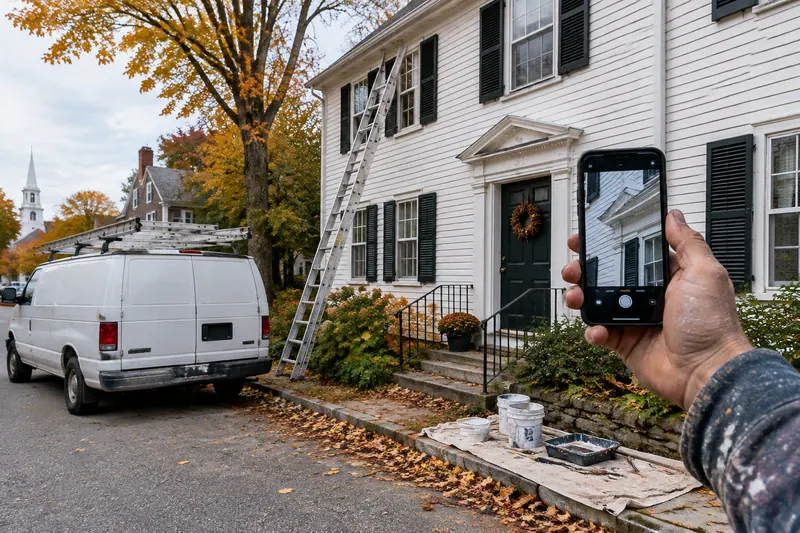 A hand holding a phone to photograph the trim of a white clapboard New England house, with a painters van and ladder on the street
