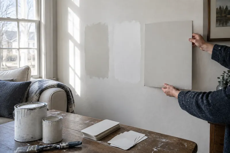 A painter and a homeowner comparing color swatch fans at a table in a room being prepped