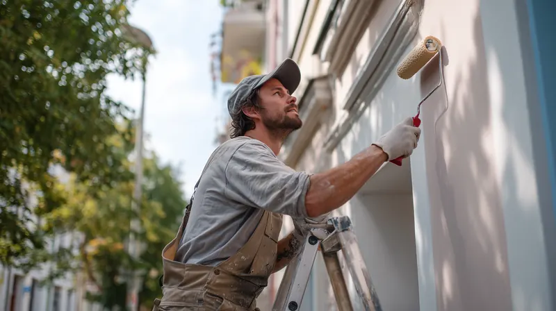 A painter on a ladder rolling paint onto exterior house trim