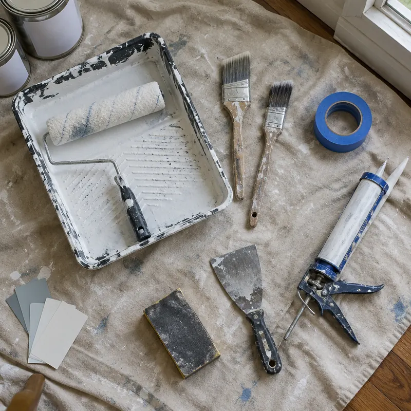 Rollers, brushes, caulk gun and painters tape laid out on a drop cloth beside a paint tray