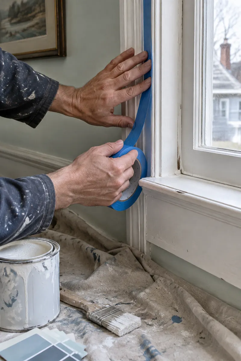 A painter masking a window casing with painters tape while a homeowner points at the trim