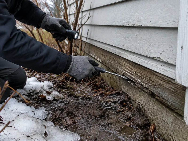 Technician in gloves probing the weathered wooden sill at the base of a clapboard house with a screwdriver and flashlight, early April, with patches of melting snow and mud
