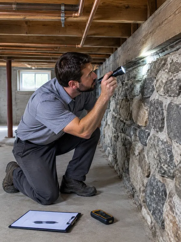 Inspector kneeling in a New England stone-foundation basement shining a flashlight along the sill with a clipboard and moisture meter on the floor