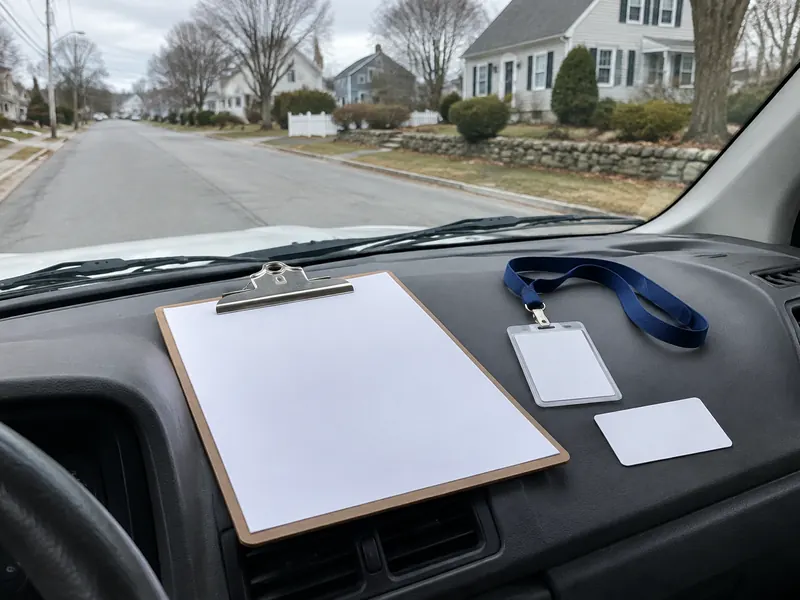 Service truck dashboard with a blank clipboard, an empty ID badge on a lanyard and a blank license card, looking out over a New England street