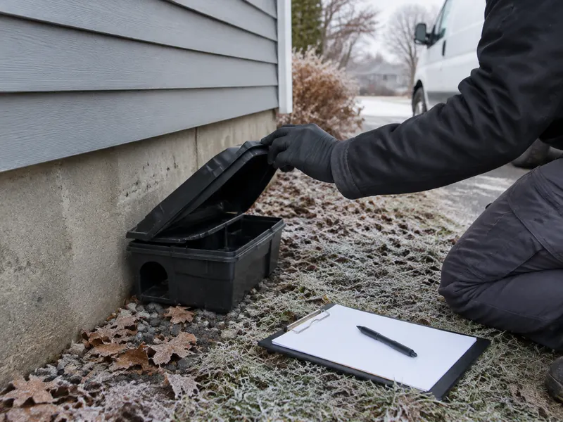 Technician in gloves opening a tamper-resistant bait station against a house foundation on a frosty morning, with a blank clipboard on the grass and a service van at the curb