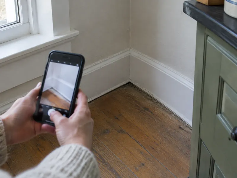 Homeowner's hands holding a phone to photograph the corner where the baseboard meets the floor in an older kitchen