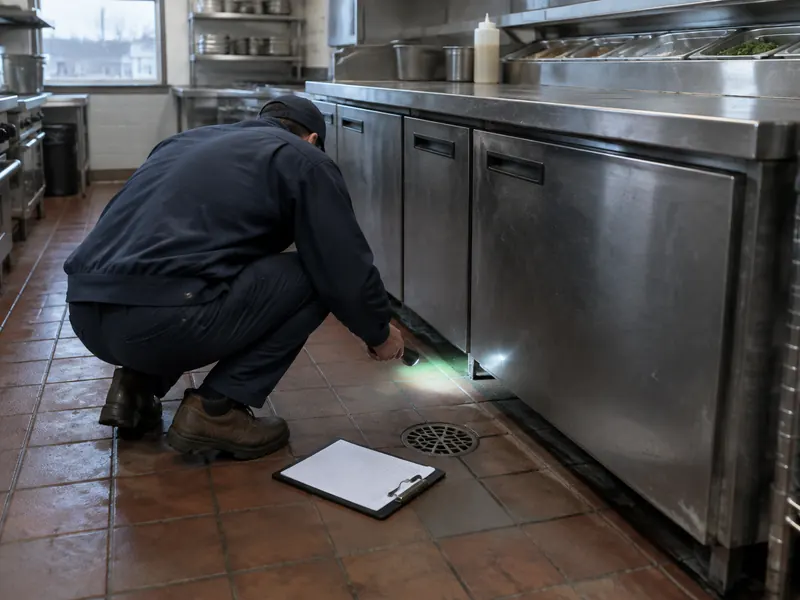Pest control technician crouching in a commercial kitchen shining a flashlight along the base of a stainless steel prep line, clipboard on the tile floor