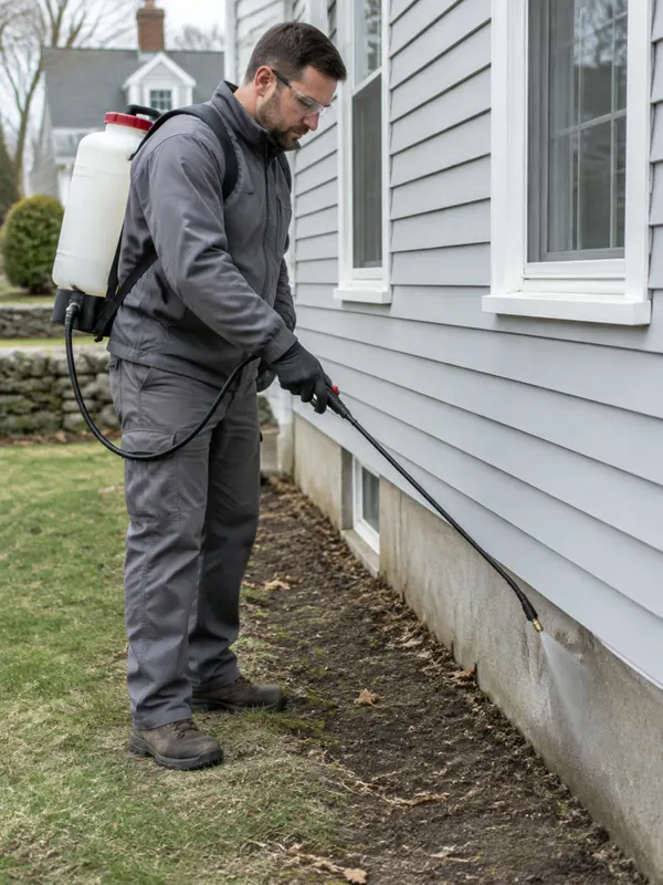 Technician in gray workwear with a backpack sprayer treating the foundation line of a gray clapboard house