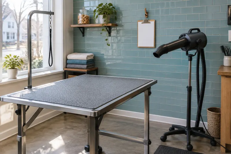 An empty calm grooming room with a non-slip table, dryer stand, treat jar and a blank clipboard on a hook