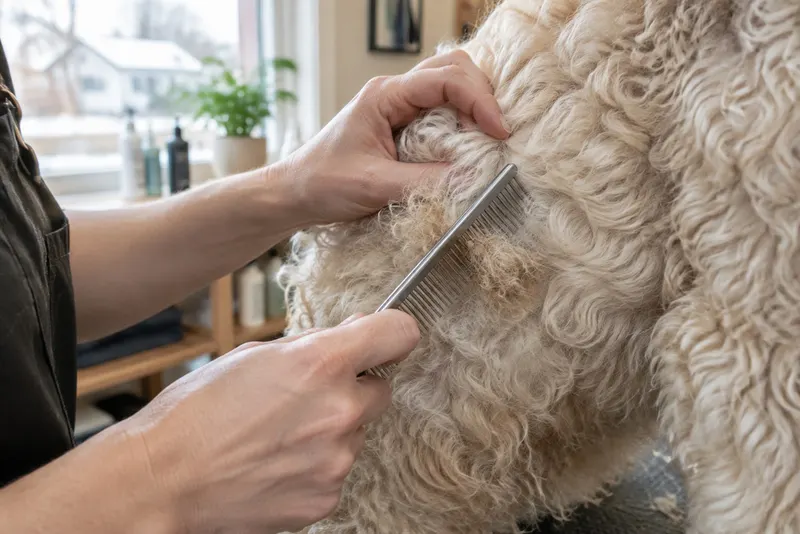Hands easing a steel comb through a curly cream coat around a small tangle