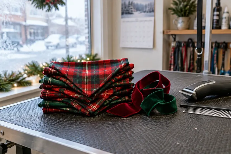 Folded red and green plaid bandanas and velvet ribbons on a grooming table beside clippers on a snowy December morning