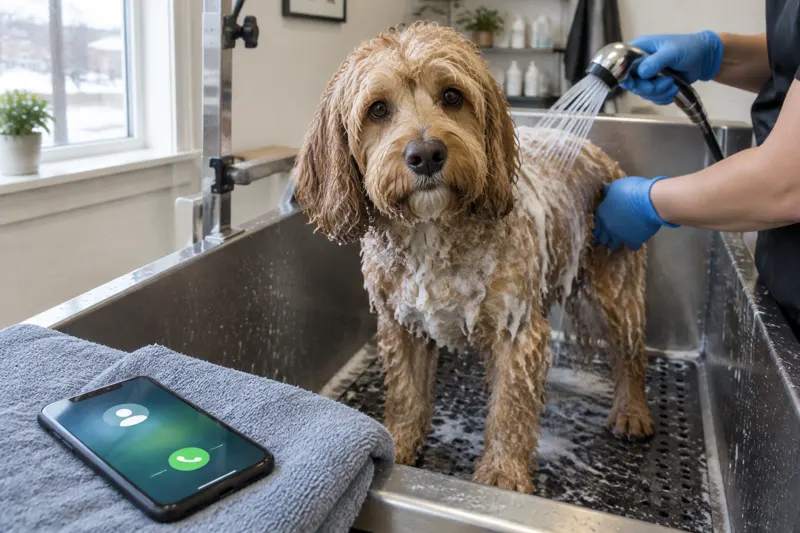 A phone lit with an incoming call on a folded towel at the edge of a grooming tub while gloved hands rinse a curly-coated dog standing in the tub