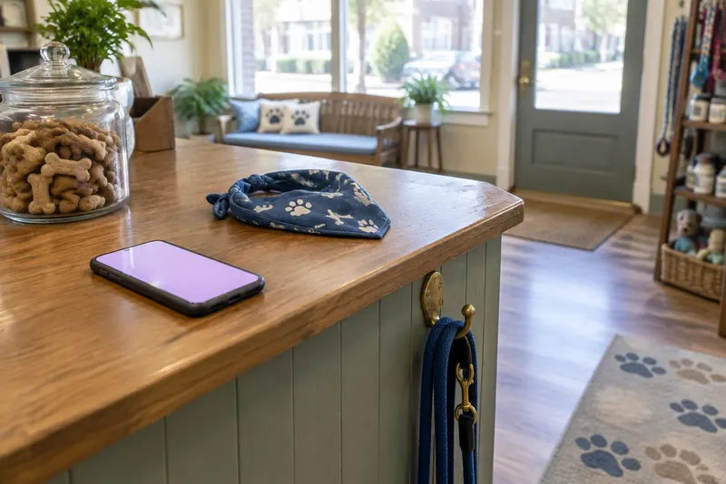 A phone glowing on the salon counter beside a blue paw-print bandana, a hanging leash and a biscuit jar