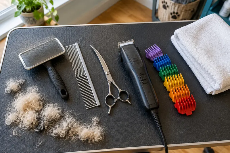Slicker brush, steel comb, curved shears, clipper with colored guard combs and a towel laid out on a grooming table beside tufts of curly hair