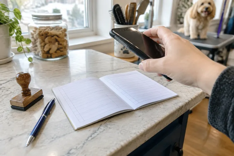 Hand photographing a blank pet vaccination record booklet beside a rubber stamp and pen on a salon counter