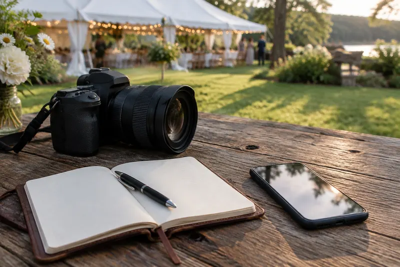A black camera, a leather notebook with a pen and a phone on a barn-wood table, with a summer wedding tent blurred behind