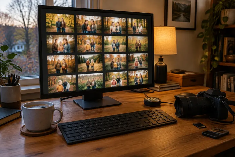 An editing desk with a monitor showing a grid of autumn family portrait thumbnails, a keyboard and a camera