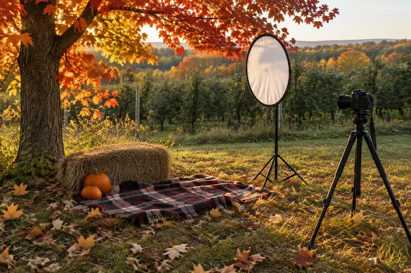 A fall mini-session setup under a red maple: plaid blanket, hay bale, pumpkins, a reflector and a tripod with a camera