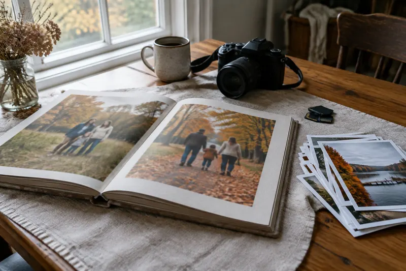 A linen photo album open to autumn family portraits beside loose prints and memory cards on a window-lit table
