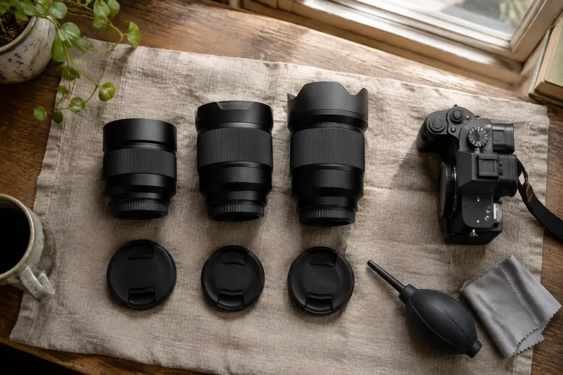 Three prime lenses, lens caps, an air blower and a cloth laid out beside a camera body on linen