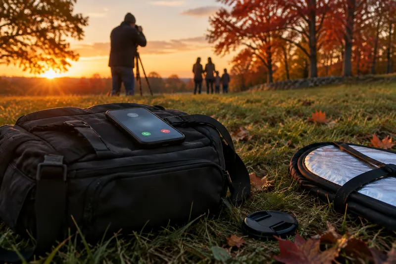A phone lighting up with a call on a camera bag in an autumn field, while a photographer works with a family in the distance