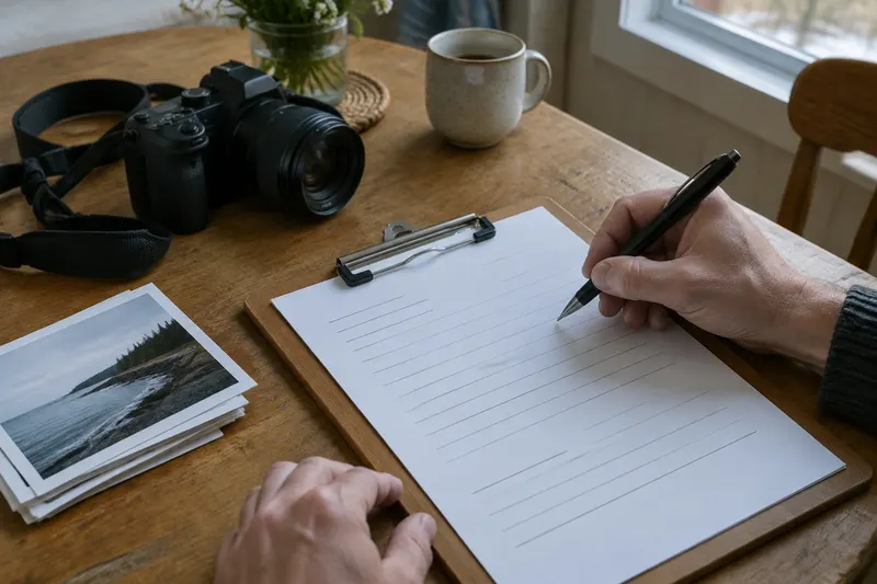 A hand signing a blank contract on a clipboard beside a camera strap and a few prints