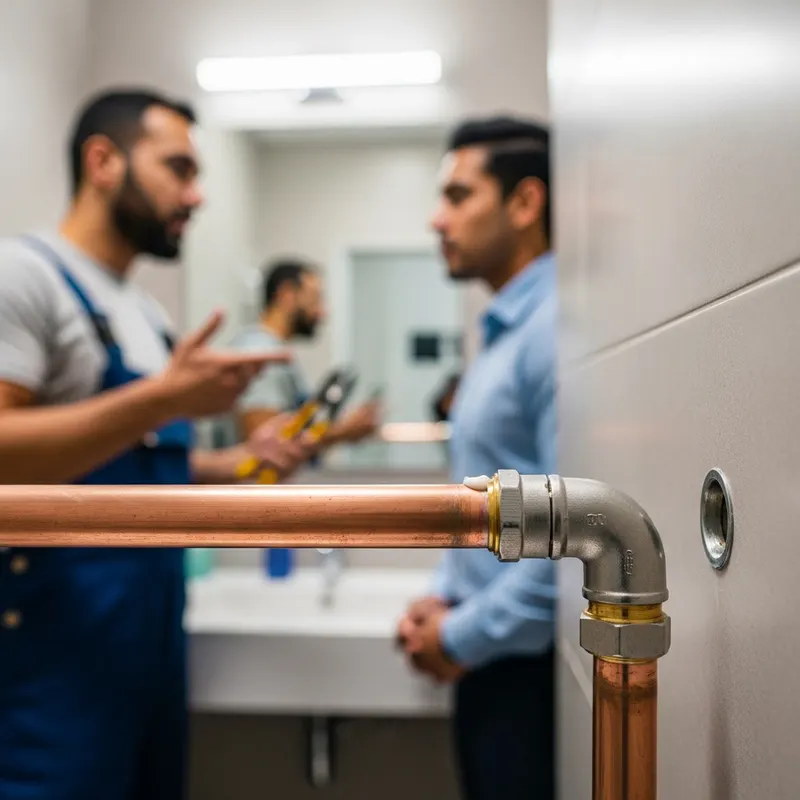Close-up of a copper pipe and chrome compression elbow fitting in a bathroom with plumbers talking behind