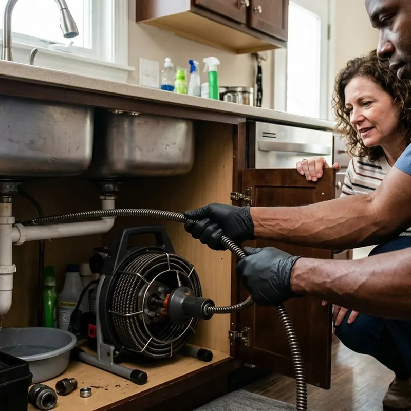 Plumber feeding a drain-cleaning cable from a drum machine into a kitchen sink drain while the homeowner watches