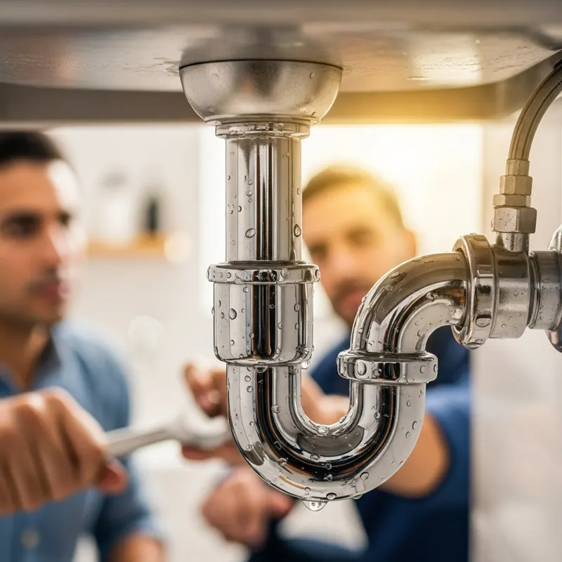 Chrome sink P-trap with water droplets beading on it while two plumbers work with a wrench behind it