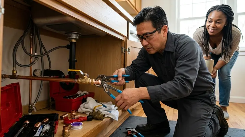 Plumber tightening a brass shut-off valve under a kitchen sink with pliers while a homeowner looks on
