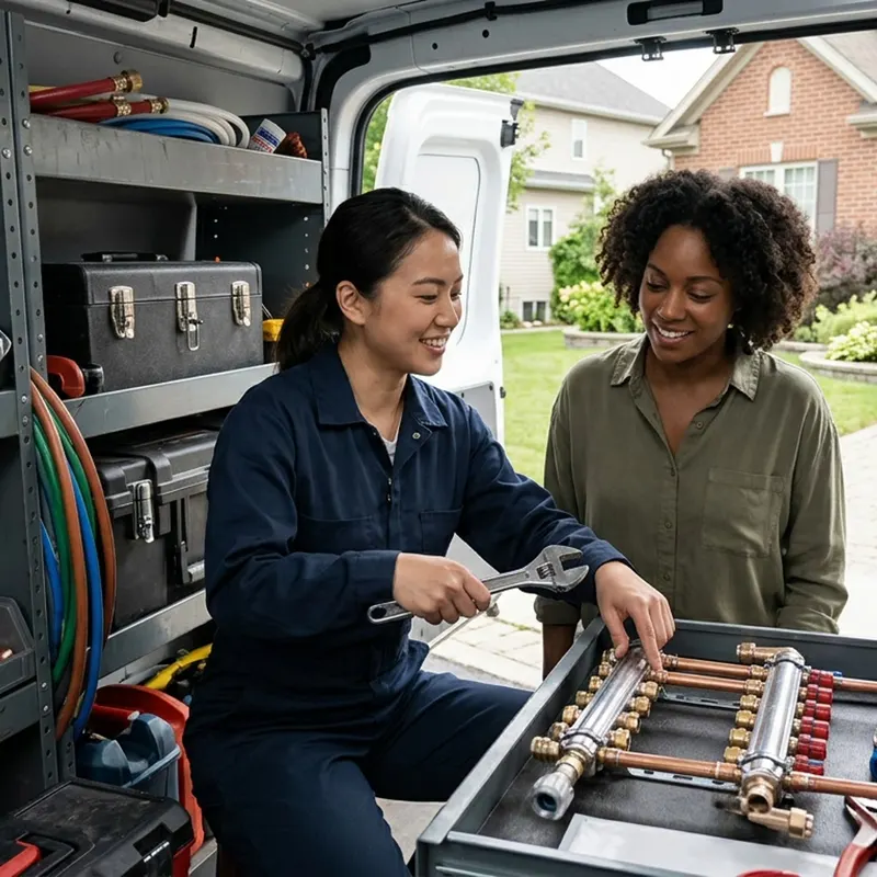 Plumber at the open van with toolboxes and a copper manifold, talking with a homeowner in the driveway